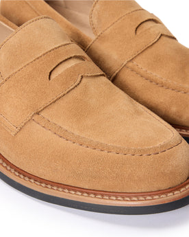 material shot of the front stitching on The Loafer in Tan Suede, Footwear by Taylor Stitch
