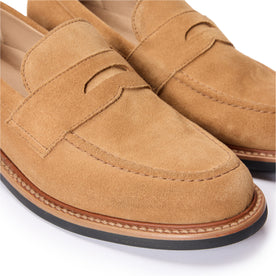 material shot of the front stitching on The Loafer in Tan Suede
