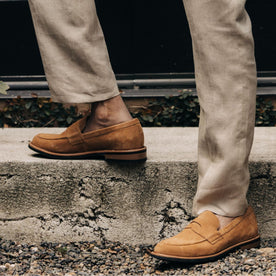 fit model stepping in The Loafer in Tan Suede