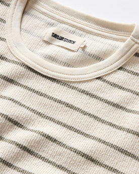 material shot of the collar on The Adams Crew in Cilantro Stripe Reverse Terry, Knits by Taylor Stitch