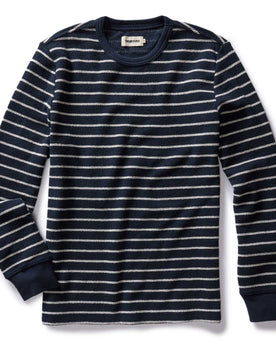 flatlay of The Adams Crew in Dark Navy Stripe Reverse Terry, Knits by Taylor Stitch
