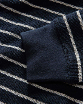 material shot of the cuff on The Adams Crew in Dark Navy Stripe Reverse Terry, Knits by Taylor Stitch