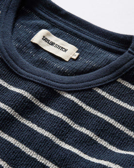 material shot of the collar on The Adams Crew in Dark Navy Stripe Reverse Terry, Knits by Taylor Stitch