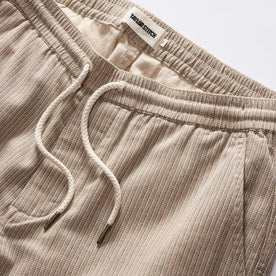 material shot of the waistband on The Apres Short in Black Coffee Stripe
