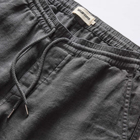 material shot of the waistband on The Apres Short in Faded Black Hemp