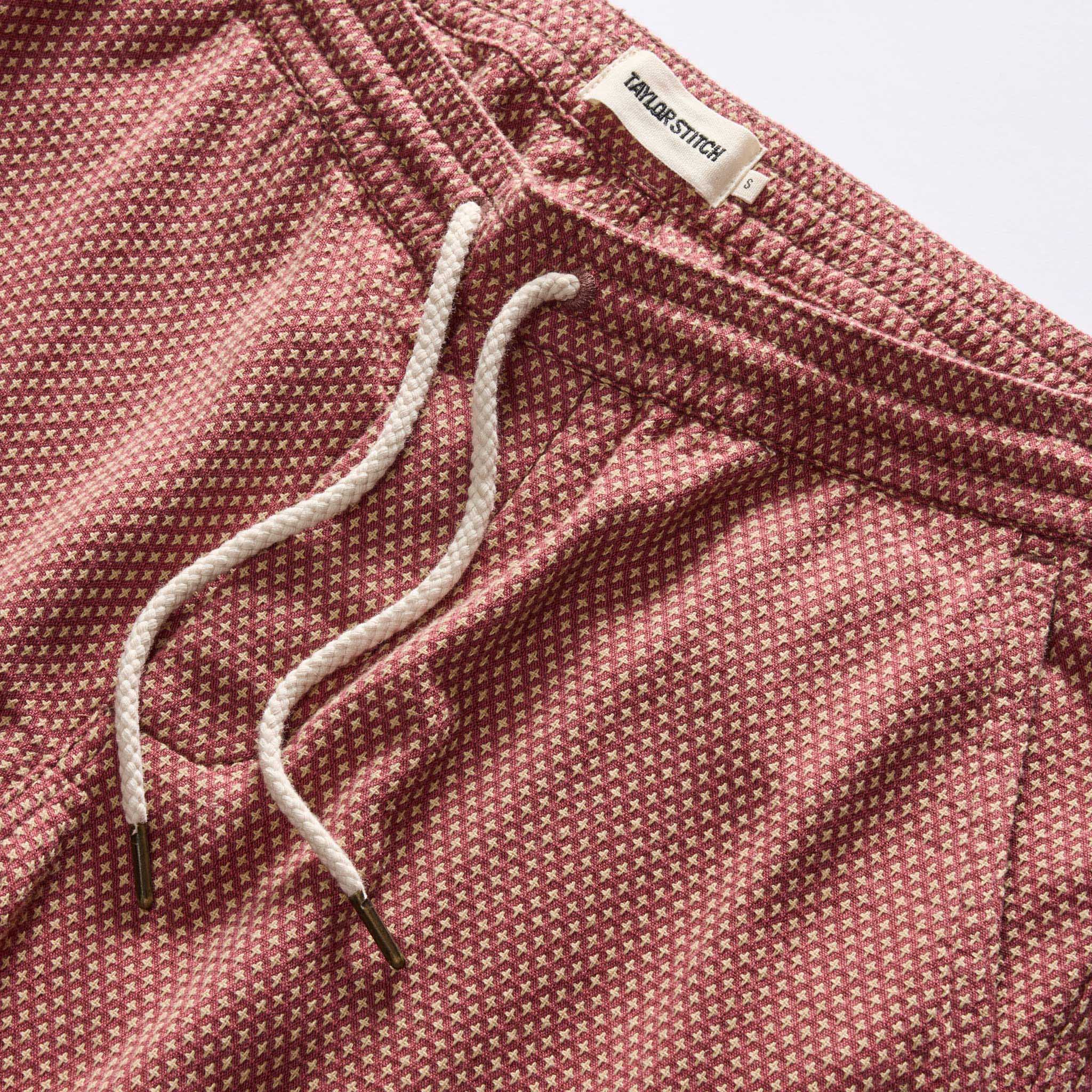 material shot of the waistband on The Apres Short in Fired Brick Dobby, Bottoms by Taylor Stitch