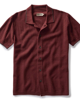 flatlay of The Button Down Polo in Dried Cherry Herringbone, Knits by Taylor Stitch