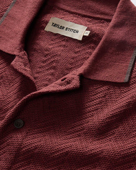 material shot of the collar on The Button Down Polo in Dried Cherry Herringbone, Knits by Taylor Stitch