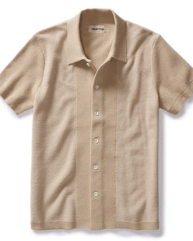 flatlay of The Button Down Polo in Faded Khaki Seed Stitch, Knits by Taylor Stitch
