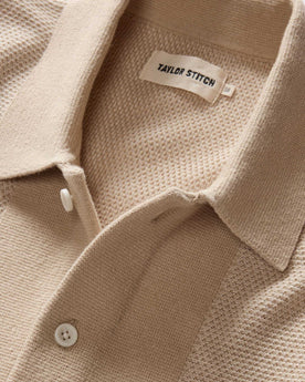 material shot of the collar on The Button Down Polo in Faded Khaki Seed Stitch, Knits by Taylor Stitch