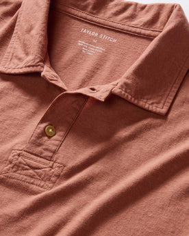 material shot of the collar on The Cotton Hemp Polo in Fired Clay, Knits by Taylor Stitch