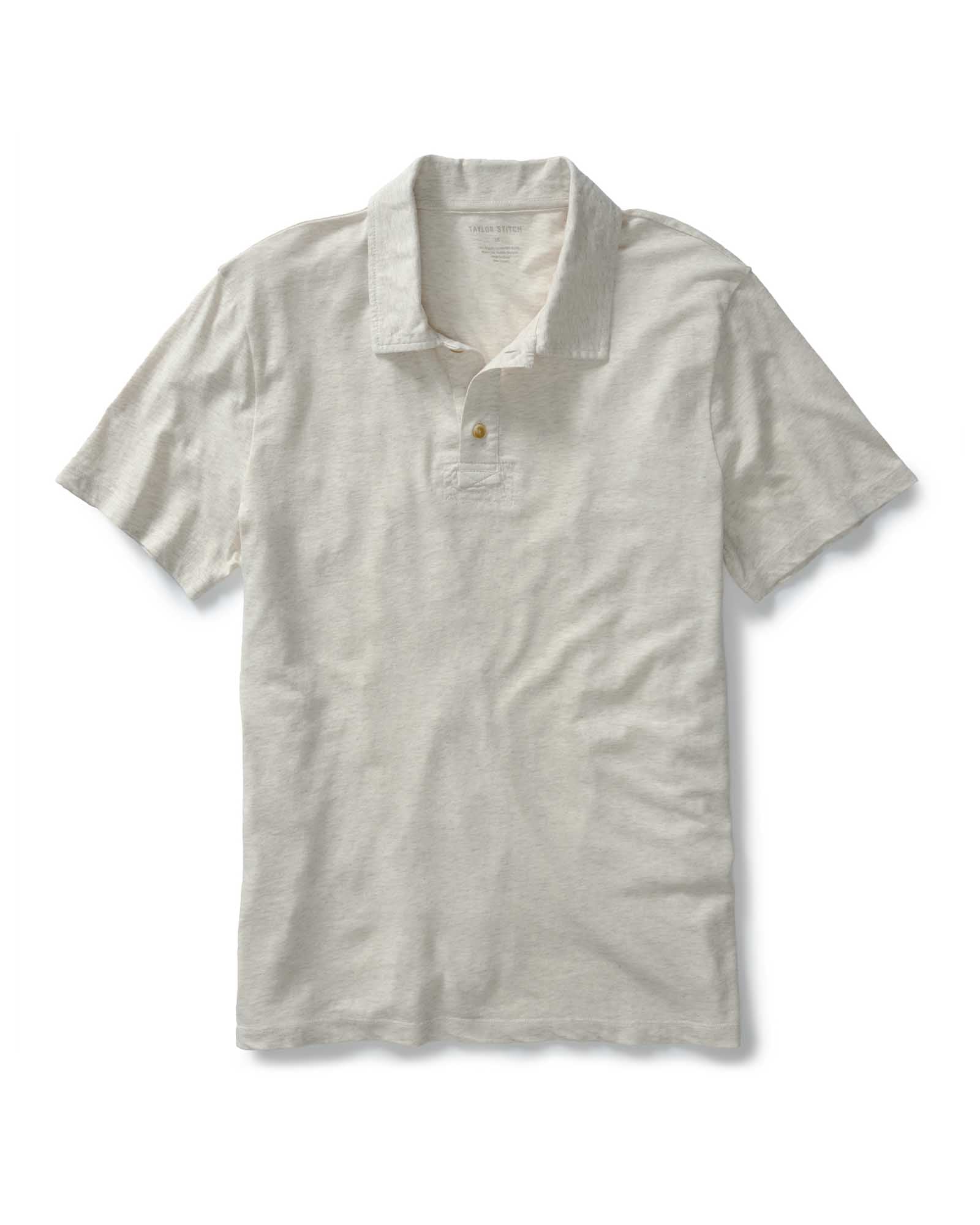 flatlay of The Cotton Hemp Polo in Heather Oat, Knits by Taylor Stitch