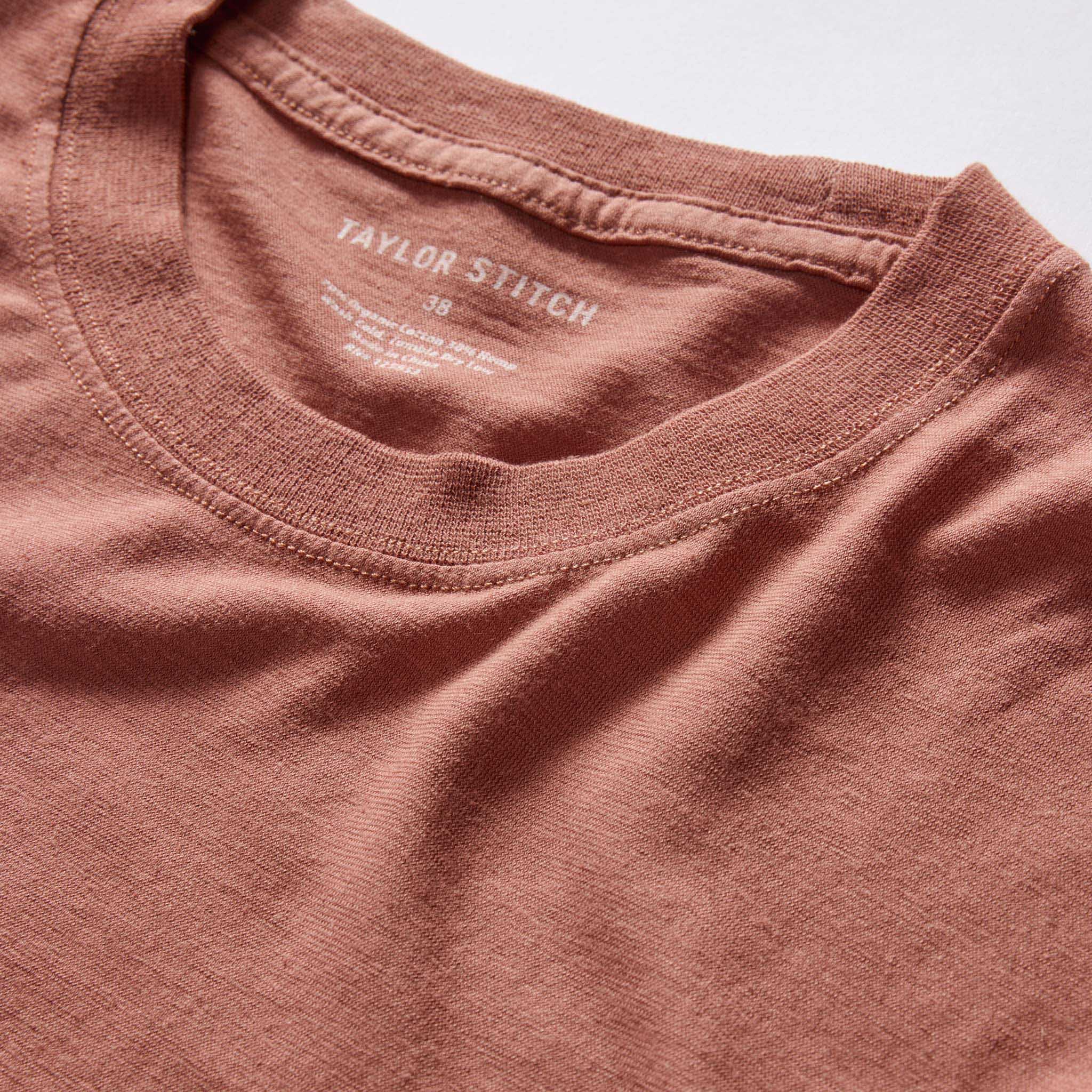 material shot of the collar on The Cotton Hemp Tee in Fired Clay, Knits by Taylor Stitch