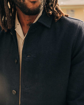fit model showing off the buttons on The Crew Jacket in Raw Indigo Sashiko, Outerwear by Taylor Stitch