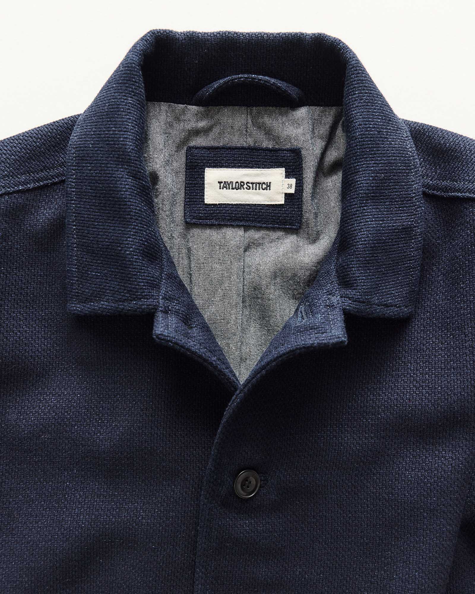 material shot of the collar on The Crew Jacket in Raw Indigo Sashiko, Outerwear by Taylor Stitch