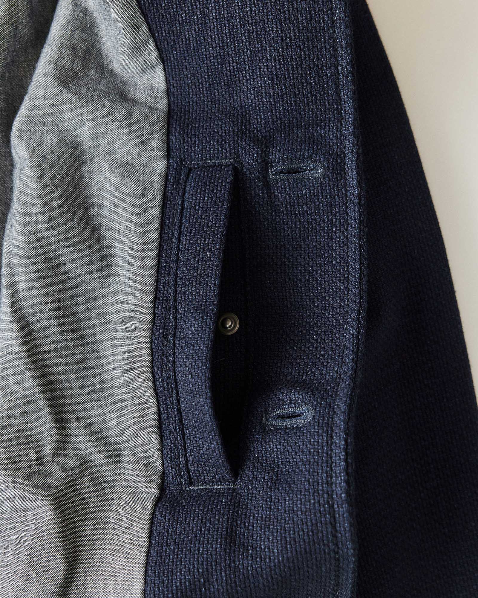 material shot of the inside pocket on The Crew Jacket in Raw Indigo Sashiko, Outerwear by Taylor Stitch