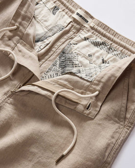 material shot of the inside pockets on The Easy Short in Natural Linen, Bottoms by Taylor Stitch