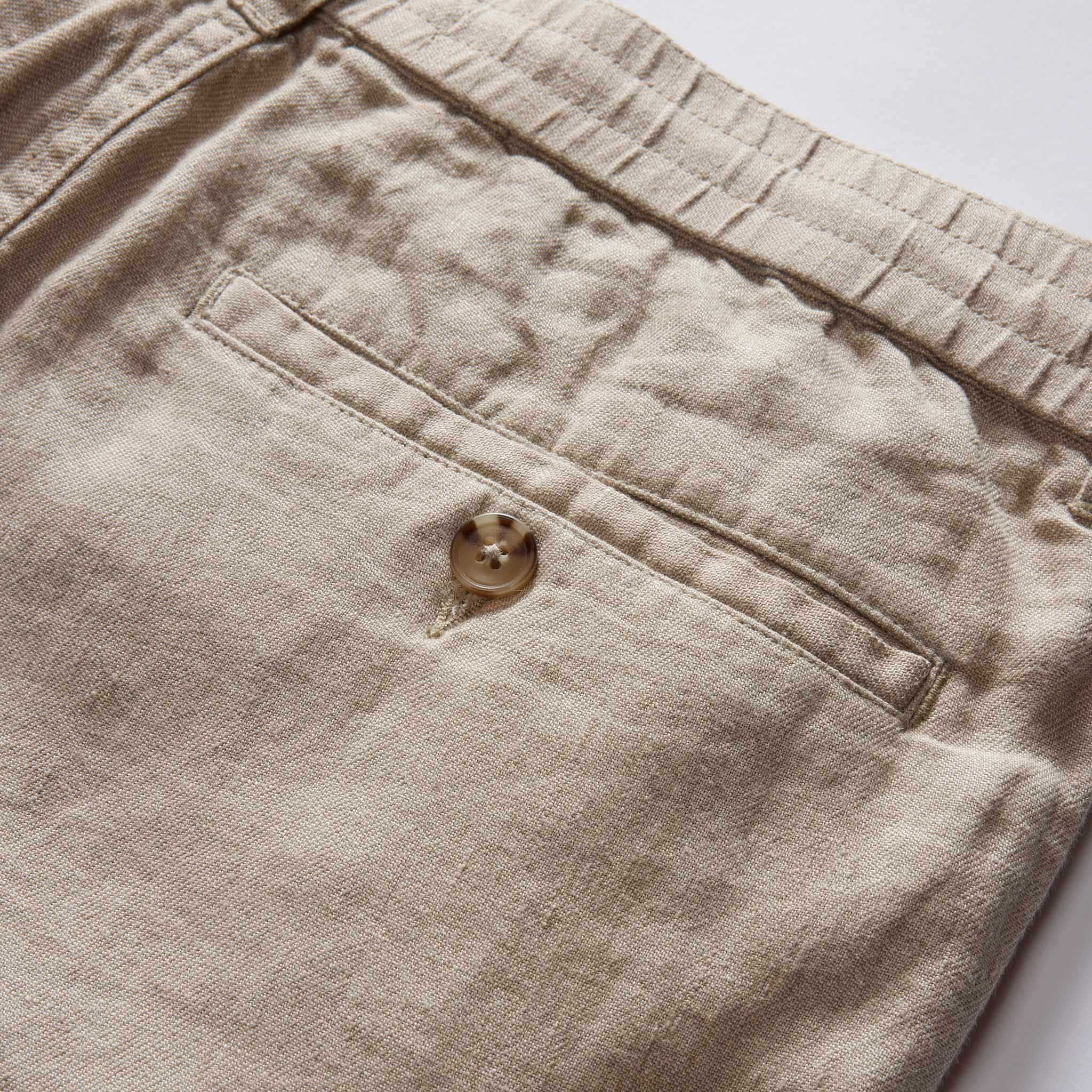 material shot of the back pocket on The Easy Short in Natural Linen, Bottoms by Taylor Stitch
