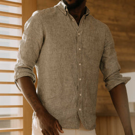 fit model standing wearing The Jack in Cilantro Stripe Linen
