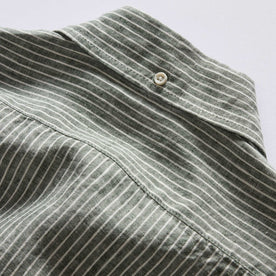 material shot of the back collar button on The Jack in Cilantro Stripe Linen