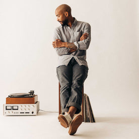 fit model sitting wearing The Jack in Overcast Linen