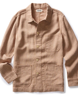 The Ojai Chore Coat in Chili Stripe Linen flatlay, Outerwear by Taylor Stitch