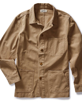The Ojai Chore Coat in Organic Light Khaki Foundation Twill flatlay, Outerwear by Taylor Stitch