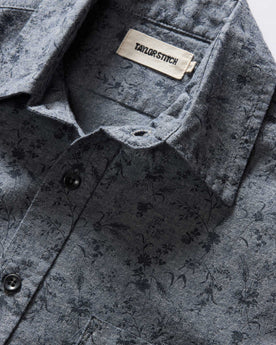 material shot of the collar on The Short Sleeve California in Blue Chambray Botanical, Wovens by Taylor Stitch