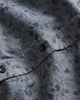 material shot of the buttons on The Short Sleeve California in Blue Chambray Botanical, Wovens by Taylor Stitch