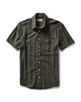 flatlay of The Short Sleeve California in Heather Olive Pointelle Stripe, Knits by Taylor Stitch