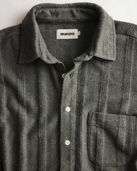 material shot of the collar on The Short Sleeve California in Heather Olive Pointelle Stripe, Knits by Taylor Stitch