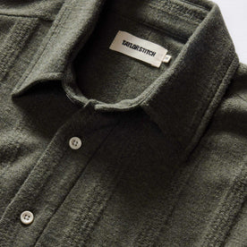 material shot of the collar on The Short Sleeve California in Heather Olive Pointelle Stripe