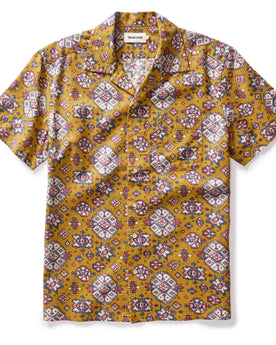flatlay of The Short Sleeve Davis Shirt in Tarnished Gold Print, Wovens by Taylor Stitch