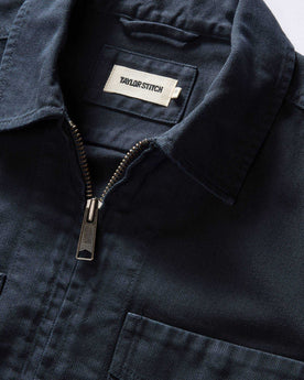 material shot of the collar on The Station Jacket in Dark Navy Broken Twill, Outerwear by Taylor Stitch