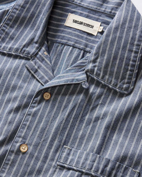 material shot of the collar on The Tulum Shirt in Midnight Stripe, Wovens by Taylor Stitch