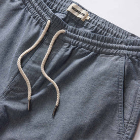 material shot of the waistband on The Apres Short in Indigo Chambray