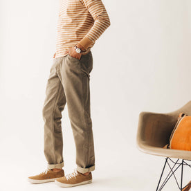 fit model with his hands in the pockets of The Camp Pant in Stone Chipped Canvas