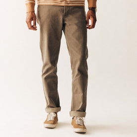 fit model standing in The Camp Pant in Stone Chipped Canvas