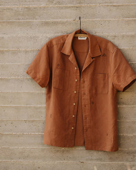 editorial image of The Conrad Shirt in Adobe Embroidery on a hanger, Wovens by Taylor Stitch