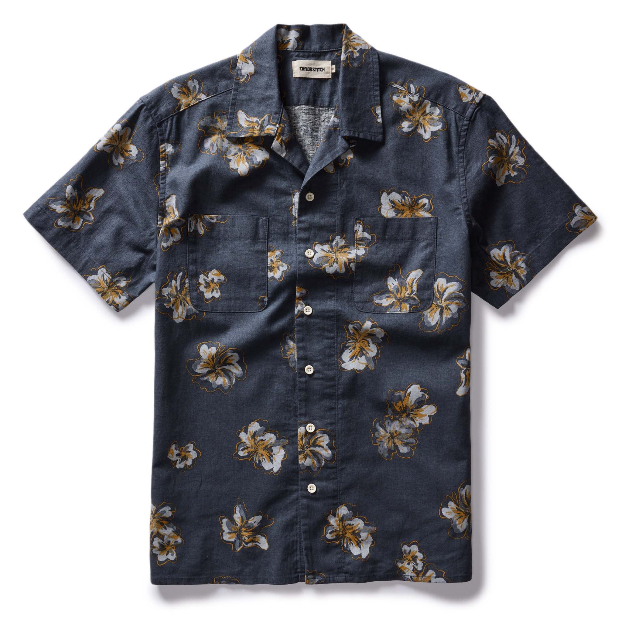 flatlay of The Conrad Shirt in Dark Blue Floral, Wovens by Taylor Stitch
