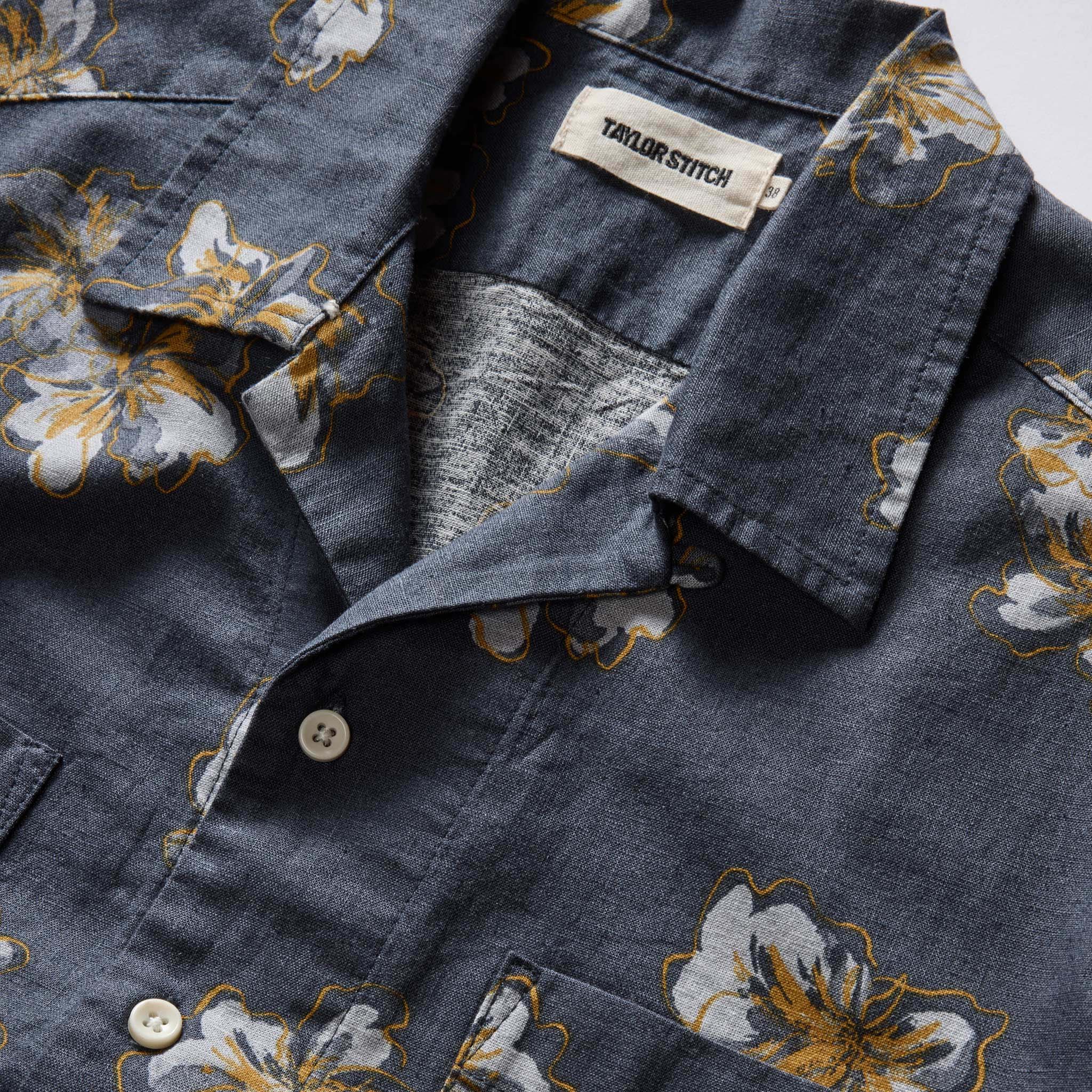 material shot of the collar on The Conrad Shirt in Dark Blue Floral, Wovens by Taylor Stitch