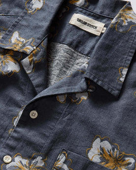 material shot of the collar on The Conrad Shirt in Dark Blue Floral, Wovens by Taylor Stitch