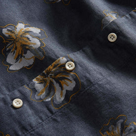 material shot of the buttons on The Conrad Shirt in Dark Blue Floral