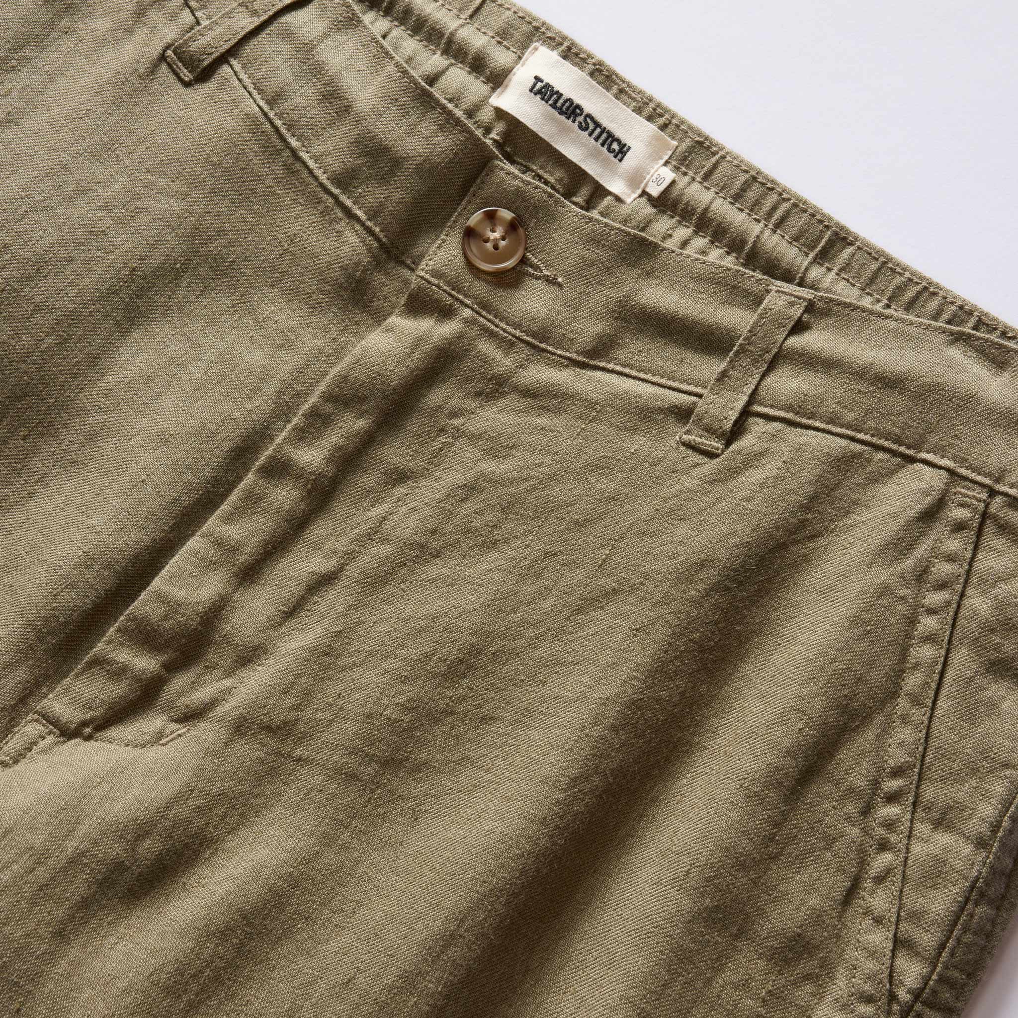 material shot of the waistband on The Easy Pant in Olive Linen, Bottoms by Taylor Stitch