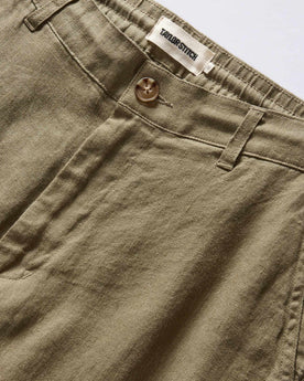 material shot of the waistband on The Easy Pant in Olive Linen, Bottoms by Taylor Stitch