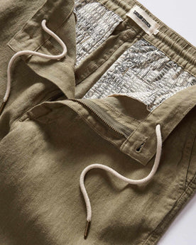material shot of the inside pockets on The Easy Pant in Olive Linen, Bottoms by Taylor Stitch