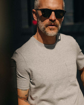 fit model showing off The Heavy Bag Tee in Aluminum, Knits by Taylor Stitch