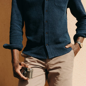 fit model with his hand in his pocket wearing The Jack in Indigo Waffle