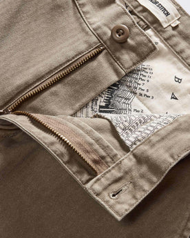 material shot of the zipper on The Matlow Short in Baked Soil Herringbone, Bottoms by Taylor Stitch