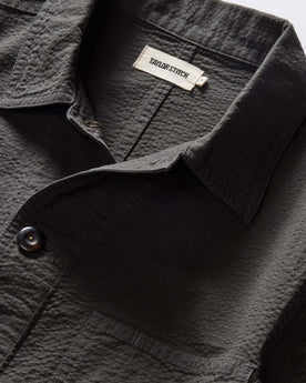 material shot of the collar on The Ojai Jacket in Faded Black Seersucker, Outerwear by Taylor Stitch